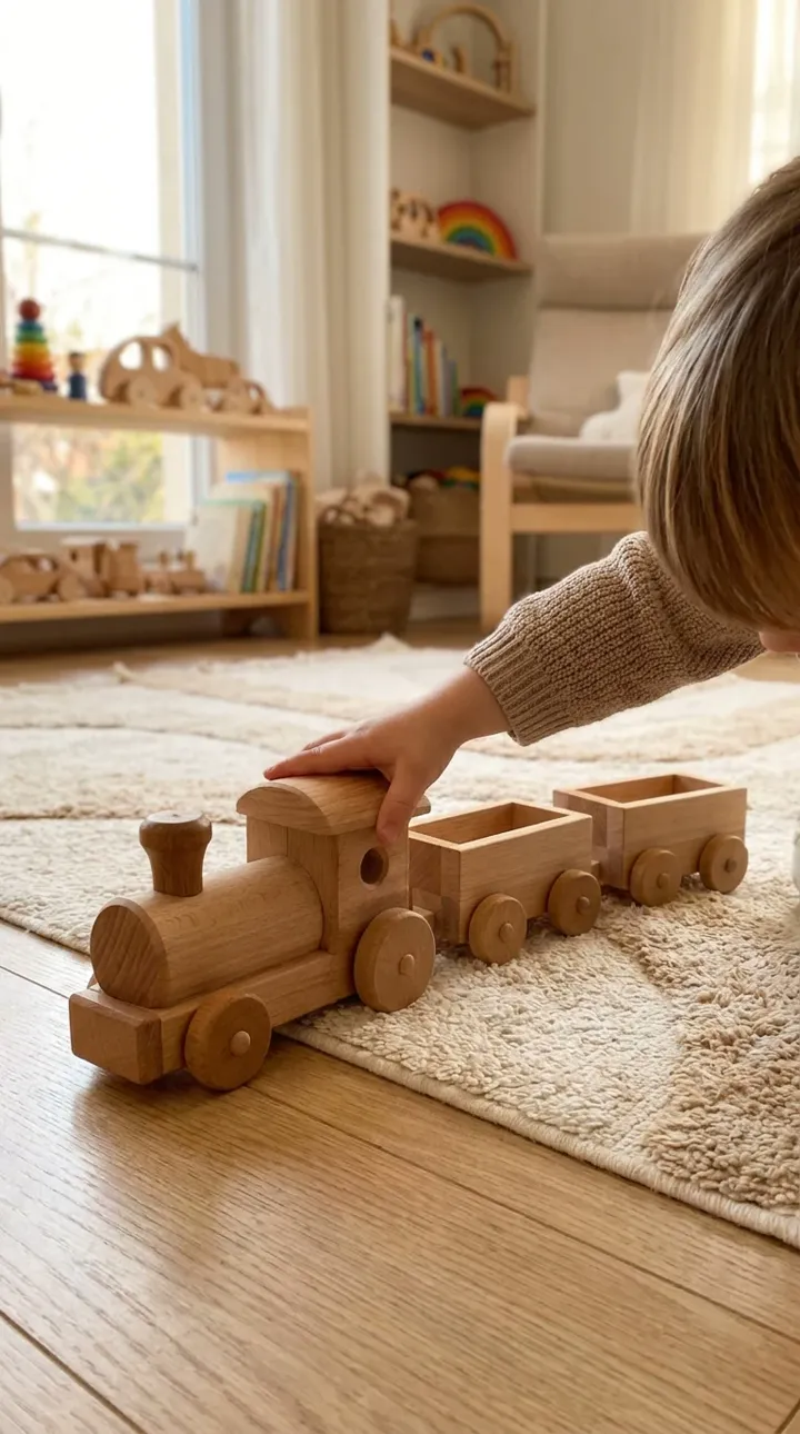 Scene image created by Weekloop: the same wooden train in a bright children’s room, a child’s hand pushes the locomotive