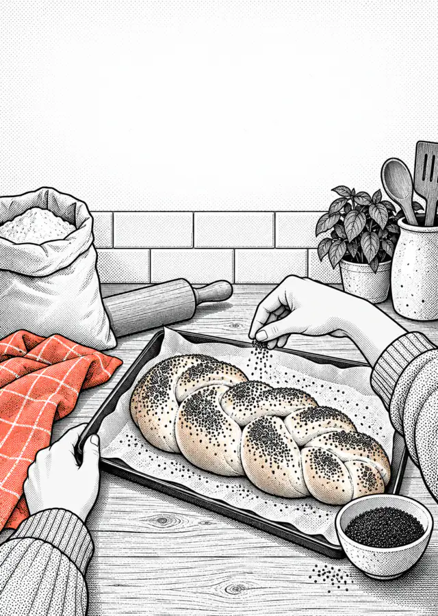 Illustration: a large plaited loaf on a baking tray, with flour and a rolling pin.