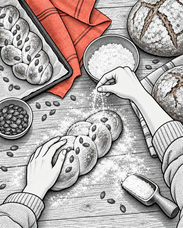 Illustration: plaited loaves and round loaves of bread on a floured wooden board.