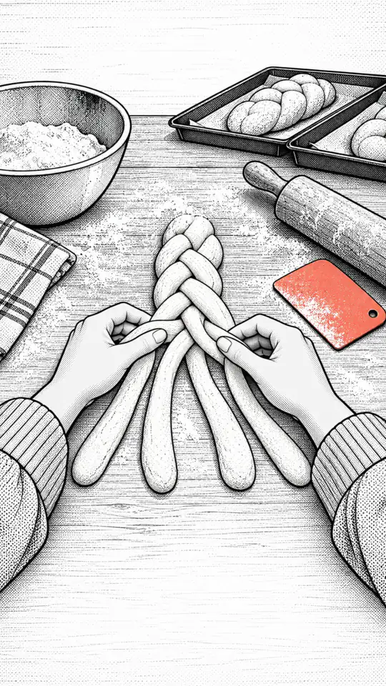 Illustration: hands plait a strand of dough on a floured work surface.