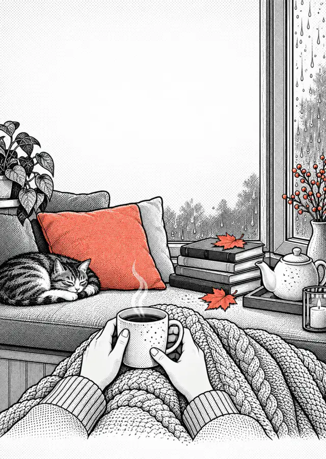 Illustration: a window seat with cushions, a stack of books and a teapot, rain outside.