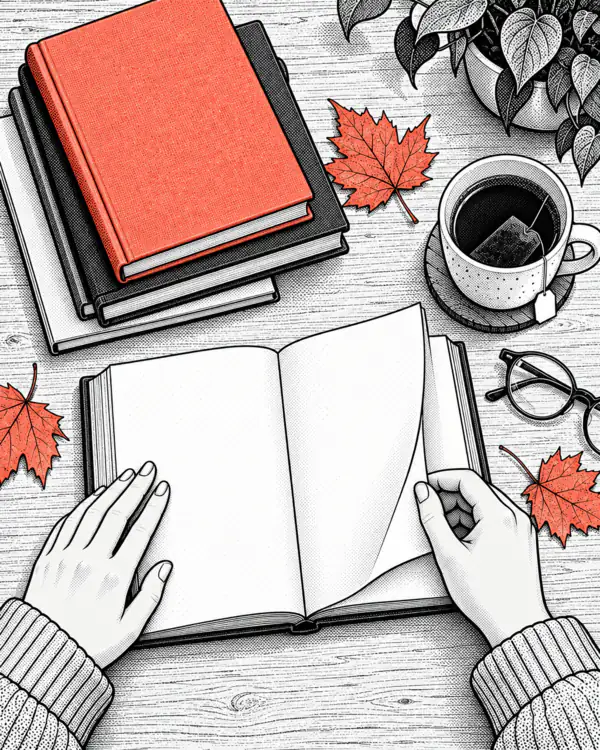 Illustration: a stack of books without titles, reading glasses, a cup of tea and autumn leaves on a table.