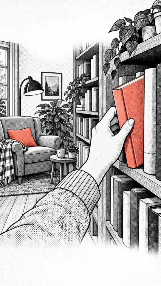 Illustration: a hand takes a book from a wooden shelf, a reading lamp nearby.