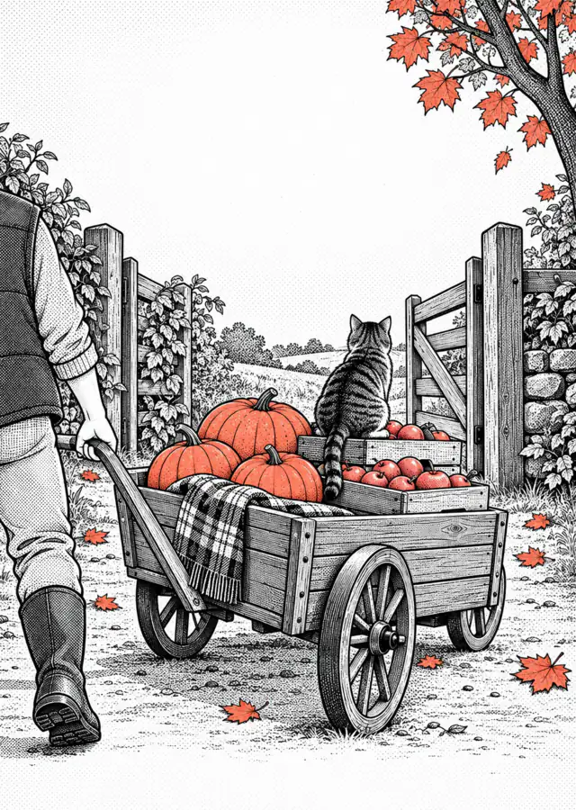 Illustration: a handcart full of pumpkins and apple crates in front of a farm gate.