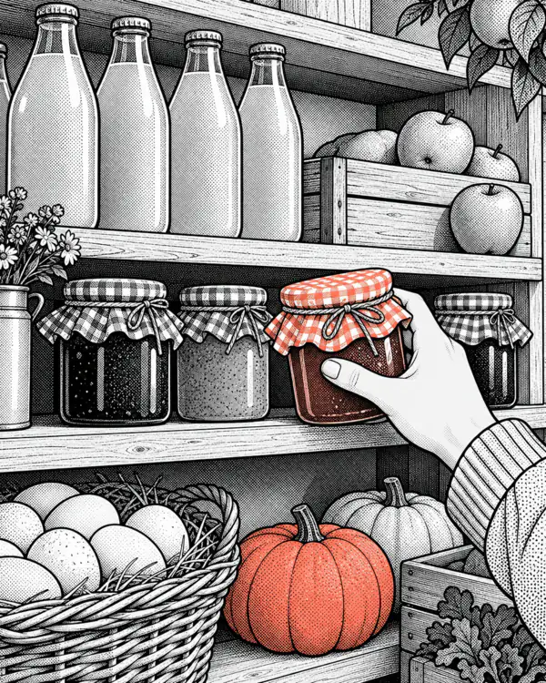 Illustration: a wooden shelf in a farm shop with juice bottles, jam jars and pumpkins.