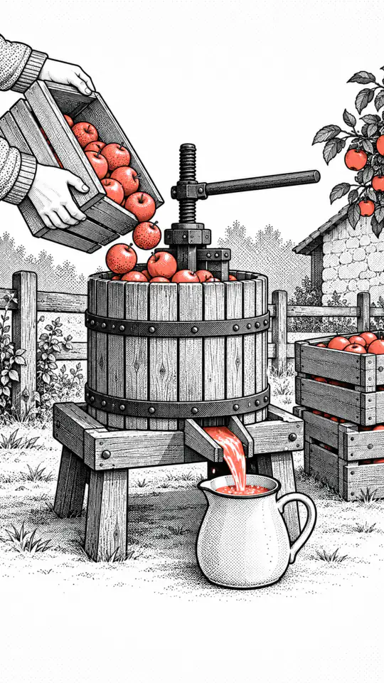 Illustration: hands pour apples into a fruit press, juice runs into a jug below.