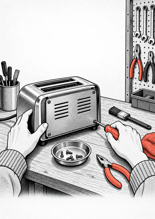 Illustration: hands open a toaster with a screwdriver on a workbench.