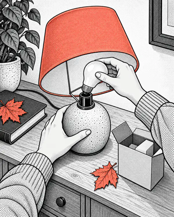 Illustration: hands screw a bulb into a table lamp, with autumn leaves nearby.