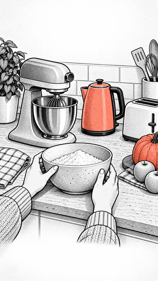 Illustration: hands place a mixing bowl next to a stand mixer, kettle and toaster.