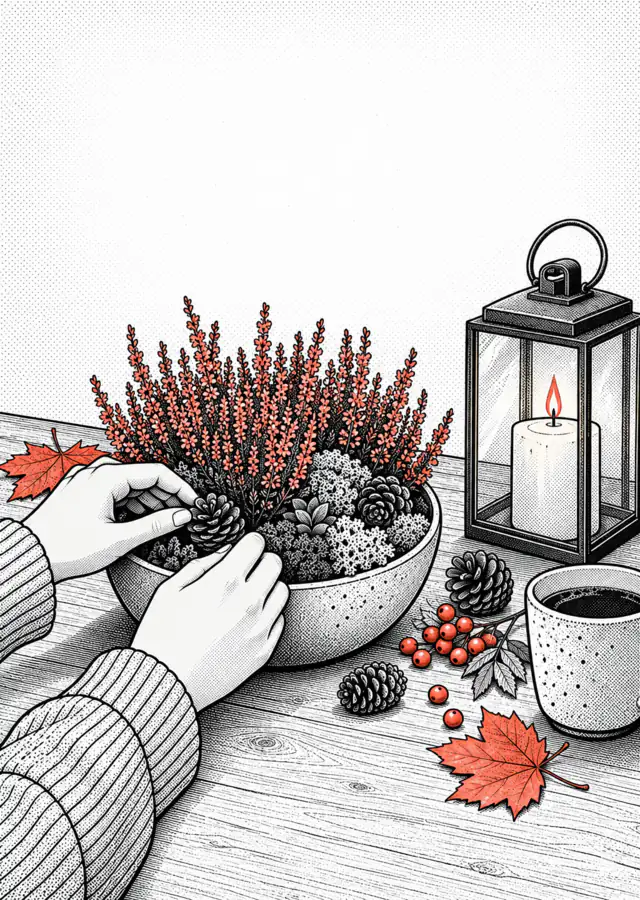 Illustration: a planted bowl with heather, cones and a candle in a lantern on a wooden table.