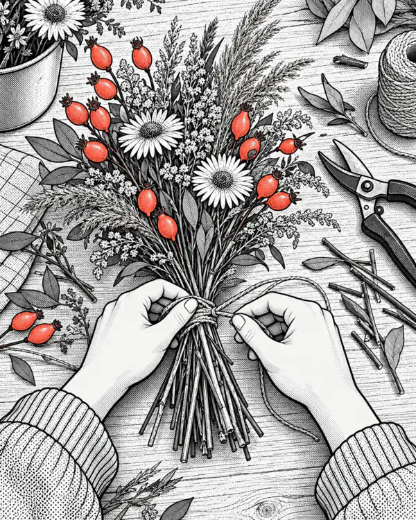 Illustration: hands tie an autumn bouquet with rose hips, grasses and asters.