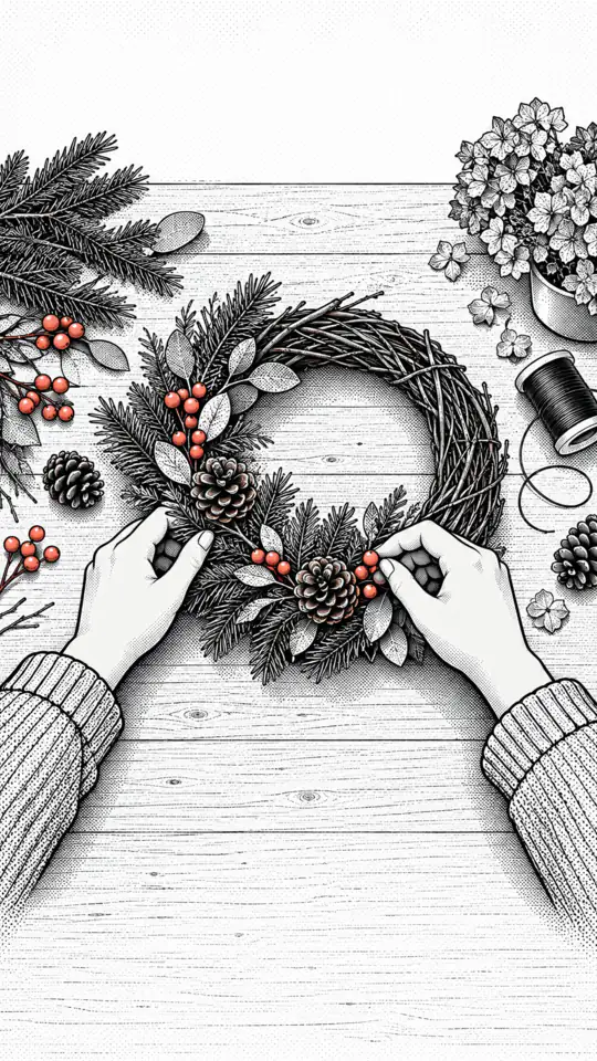 Illustration: hands tuck twigs, cones and berries into a door wreath.