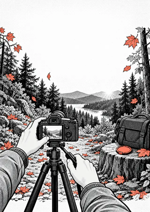 Illustration: a camera on a tripod on a forest path in autumn, a camera bag nearby.