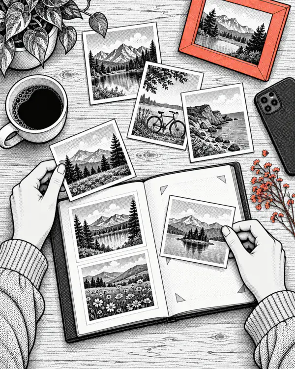 Illustration: hands lay out photo prints and an open photo book on a table.