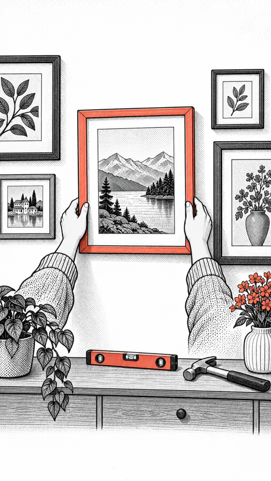 Illustration: hands hang a framed landscape print on a wall with other picture frames.