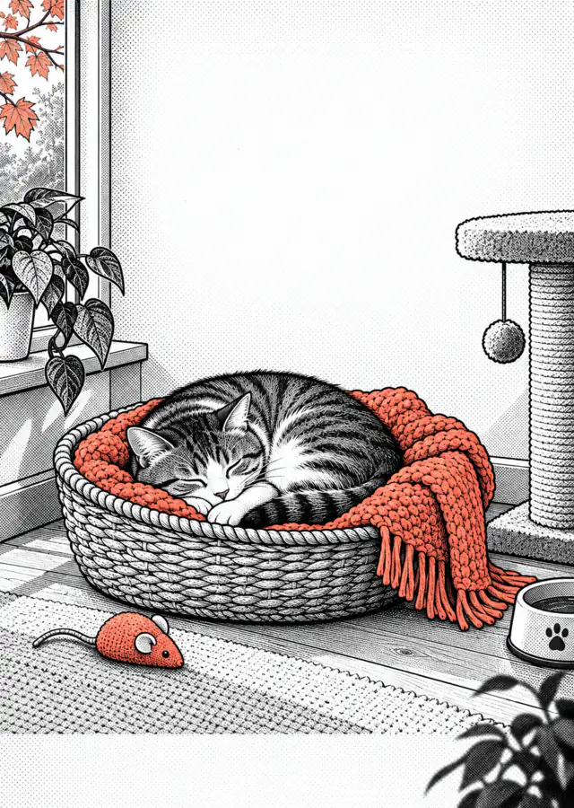 Illustration: a cat sleeps in a basket with a blanket next to a window.