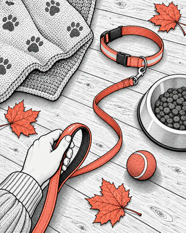 Illustration: a dog lead with a light-up collar, a dog blanket and a food bowl on a wooden floor.