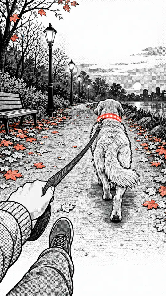 Illustration: a dog with a light-up collar walks on a lead along a leafy path, a hand holds the lead.