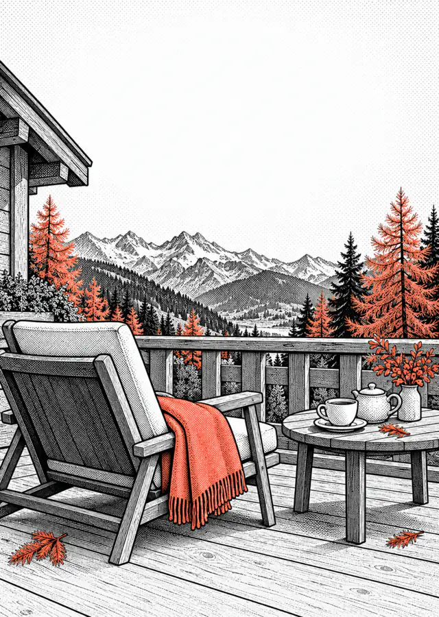 Illustration: a wooden terrace with a lounger and a blanket, larches and mountains in autumn behind.
