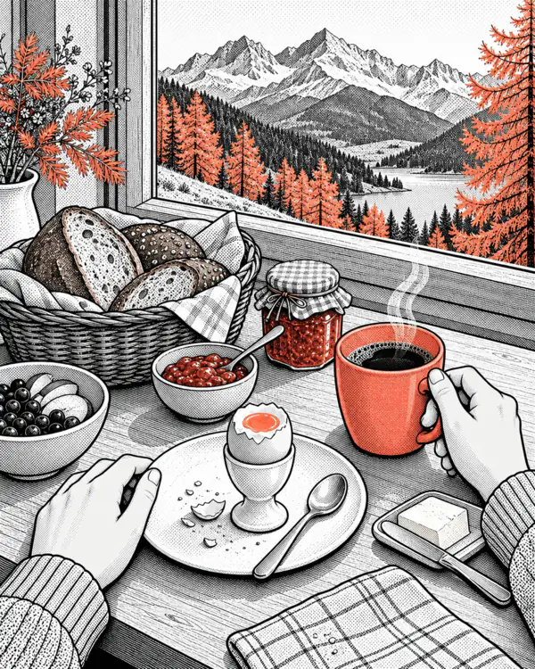 Illustration: a breakfast table by the window with a view of autumn mountains.