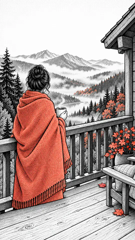 Illustration: a person wrapped in a blanket, seen from behind, stands on a balcony looking at misty mountains.