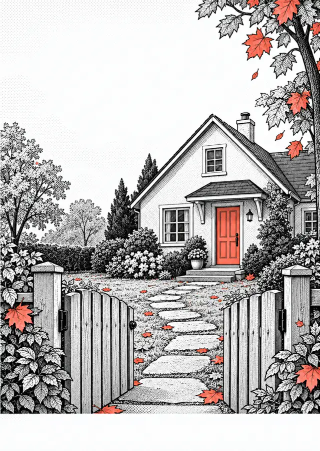 Illustration: a detached house with a garden in autumn, a wooden fence and leaves in front.