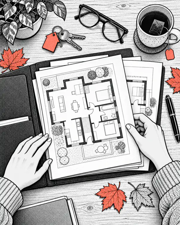 Illustration: hands sort floor plans and a bunch of keys on a desk.