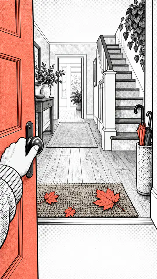 Illustration: a view through an open front door into a hallway, a garden with autumn leaves outside.