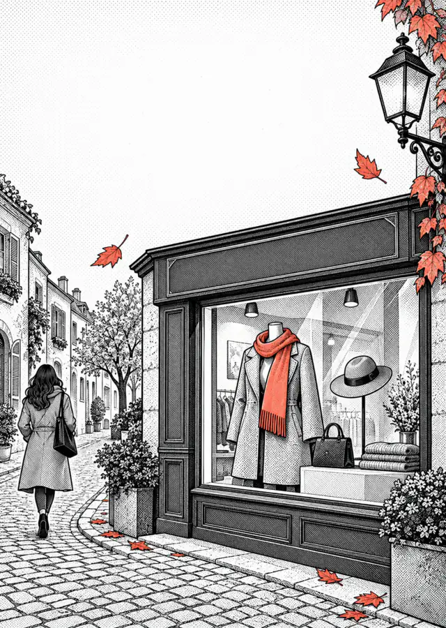 Illustration: the window of a fashion shop in an old-town lane with a coat, a hat and autumn leaves.