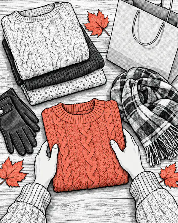 Illustration: folded knitted jumpers, a scarf and leather gloves on a wooden table.