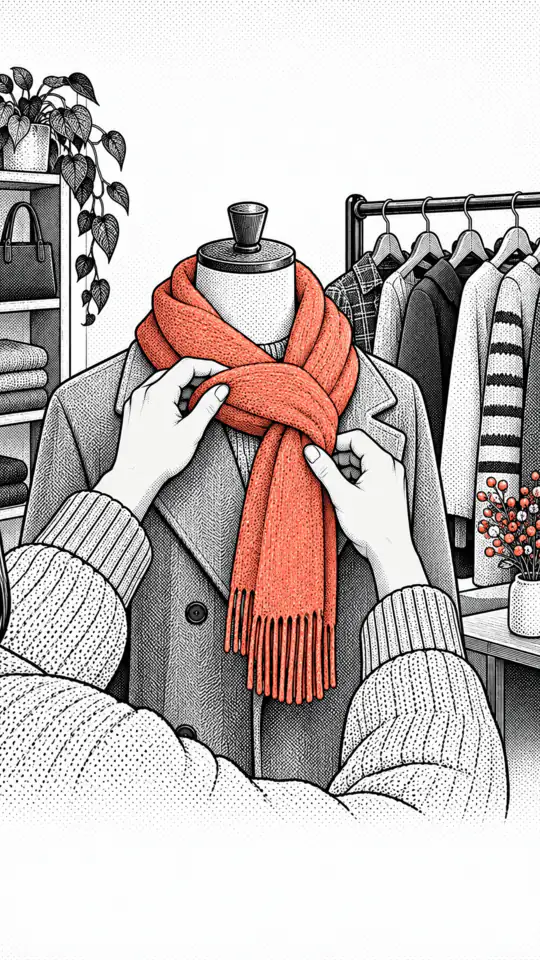 Illustration: hands tie a wool scarf around a shop mannequin.