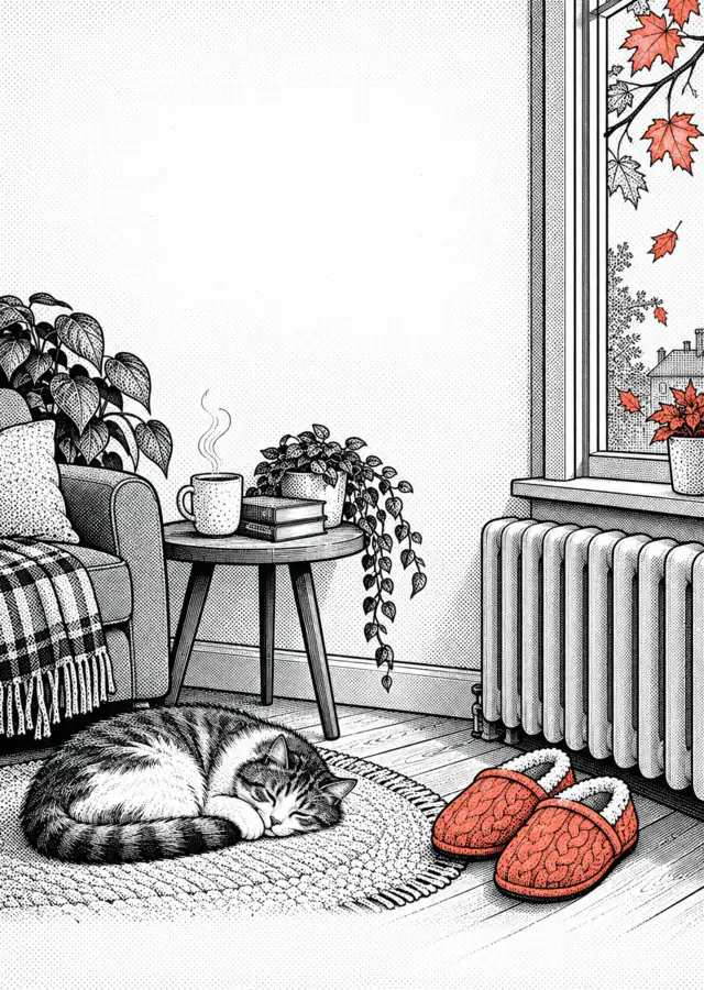 Illustration: a radiator under a window, slippers in front, leaves falling outside.