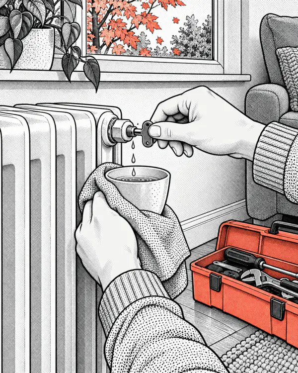 Illustration: hands bleed a radiator with a radiator key, a cloth and a cup below.