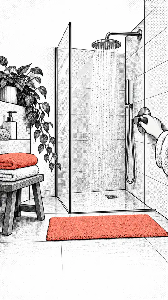 Illustration: a hand turns the tap of a walk-in shower in a newly designed bathroom.