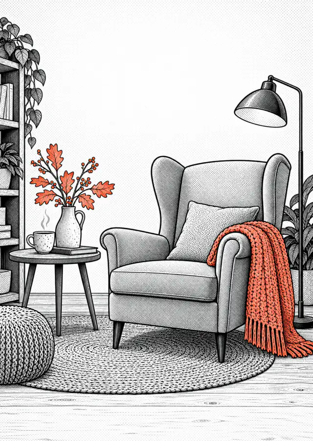 Illustration: a reading corner with a wingback armchair, floor lamp, wool blanket and a small table with a teacup.
