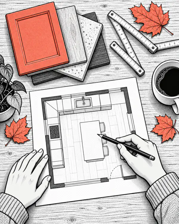 Illustration: hands point at a drawn kitchen floor plan, next to wood samples, a tape measure and a pencil.