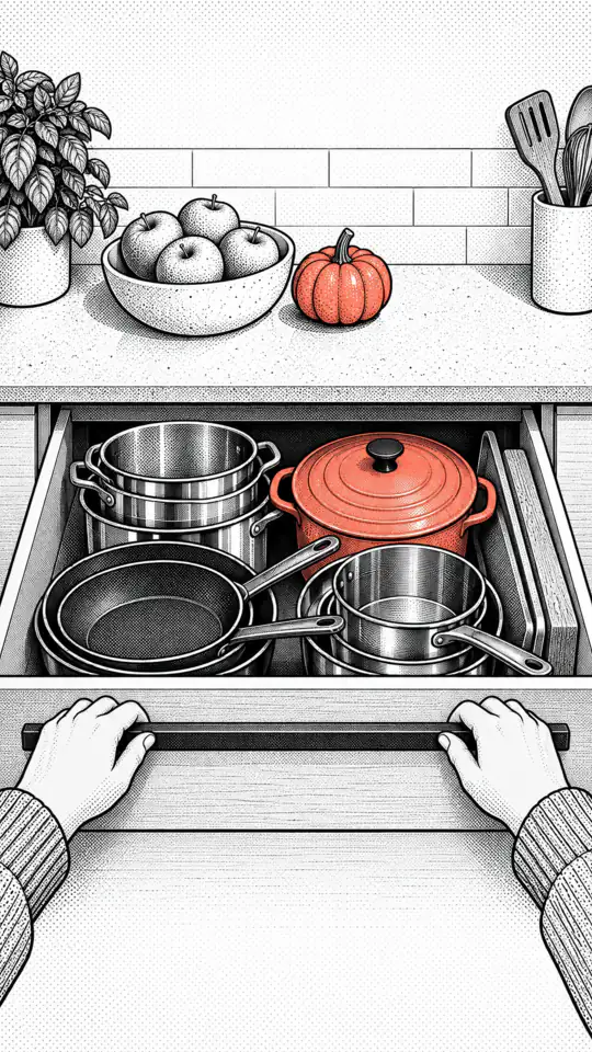 Illustration: hands pull open a wide kitchen drawer with neatly stored pots.