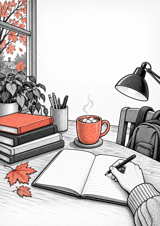Illustration: a desk with books and a mug of cocoa, autumn trees outside the window.