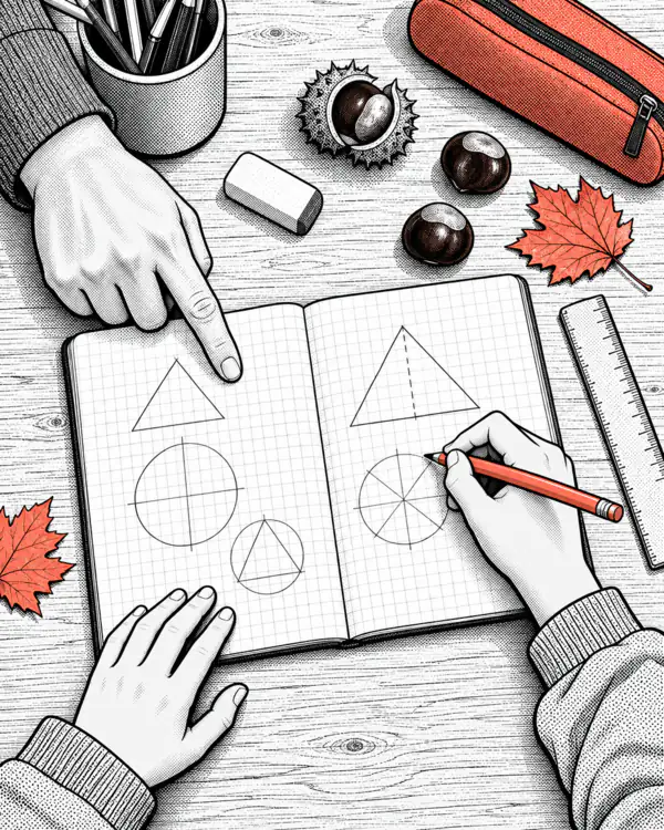 Illustration: a child’s hand draws geometric shapes in a squared exercise book, next to a ruler, an eraser and chestnuts.