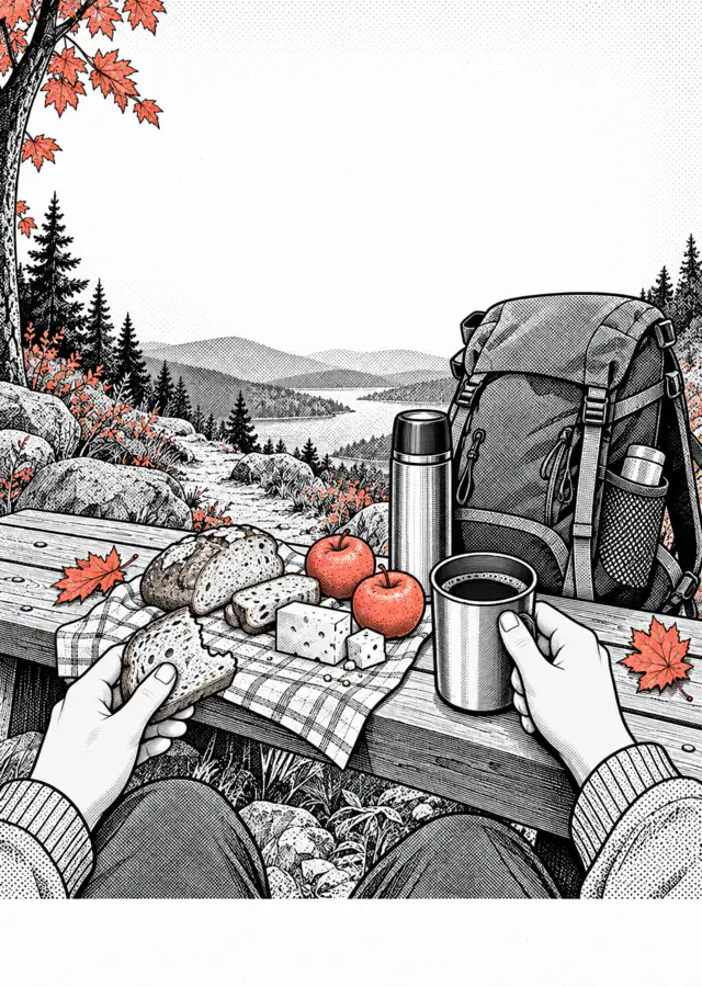Illustration: a hiking backpack on a wooden bench, with bread, cheese, apples and a thermos flask.