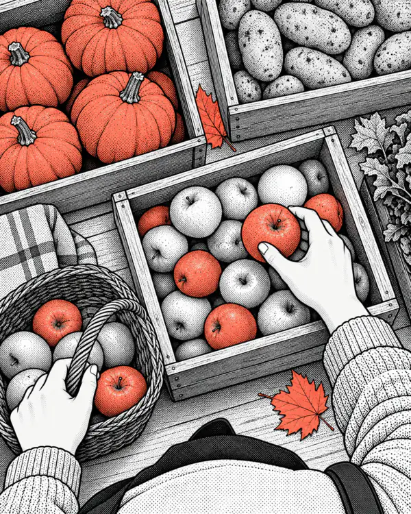 Illustration: wooden crates with pumpkins, apples and potatoes; a hand adds an apple.
