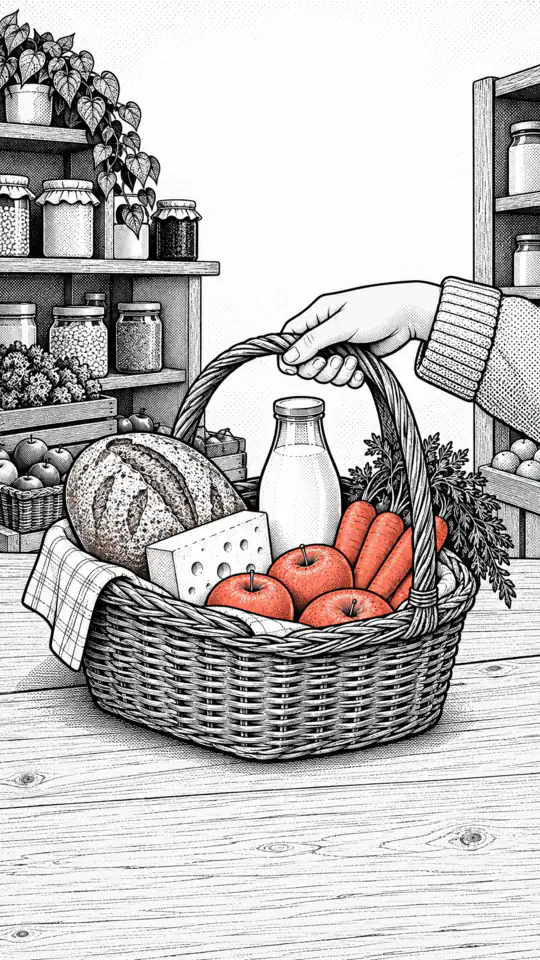 Illustration: a full shopping basket with bread, cheese and vegetables on the shop counter.