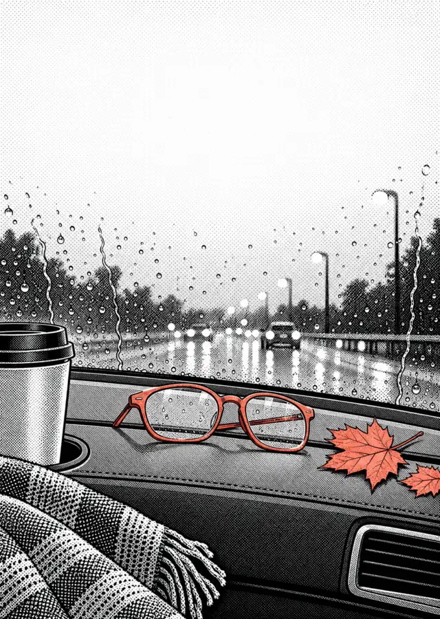 Illustration: a pair of glasses on a car dashboard, rain and street lamps outside.
