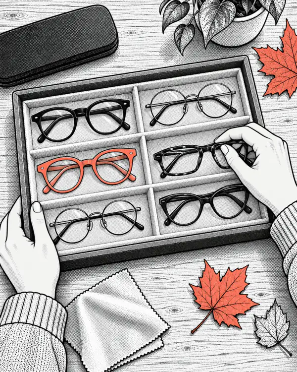 Illustration: hands place spectacle frames on a velvet tray, with autumn leaves nearby.