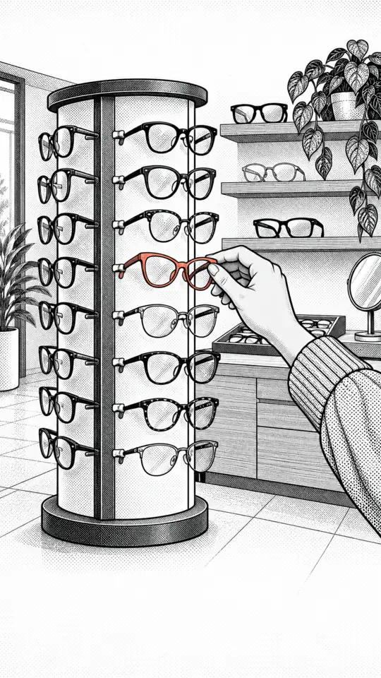 Illustration: a hand takes a pair of glasses from a rotating display stand.