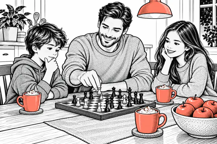 Illustration: a father plays chess with two children at the kitchen table, with cocoa and apples.