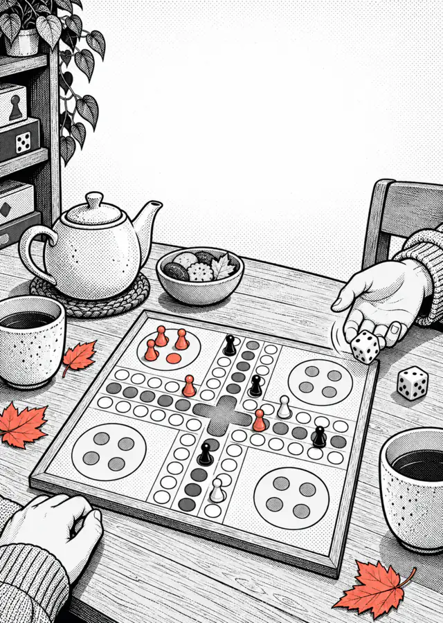Illustration: a board game with dice on a wooden table, next to a teapot, cups and autumn leaves.