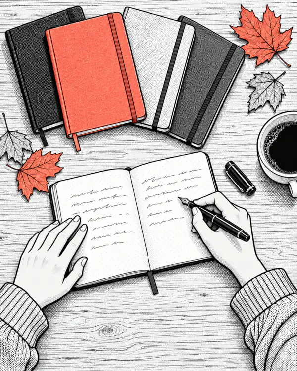 Illustration: notebooks, one of them coral, an open notebook with a fountain pen, autumn leaves and a cup of coffee.