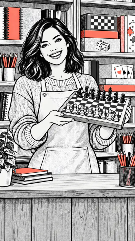 Illustration: a shopkeeper holds up a chessboard behind the counter, shelves with notebooks and games behind her.
