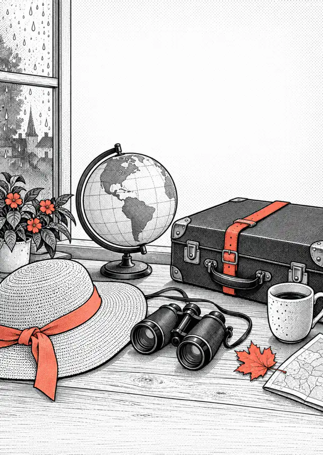 Illustration: a globe, a suitcase and binoculars in front of a window with raindrops.